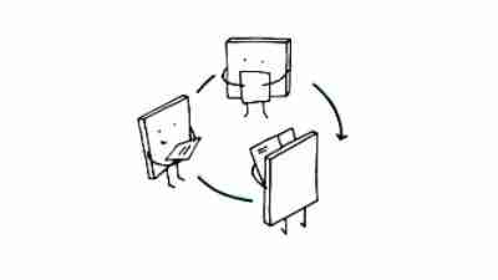 Cartoon of three documents passing documents to each other.