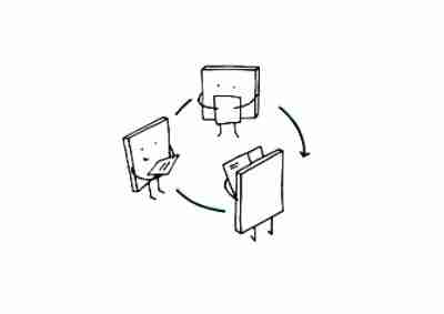Cartoon of three documents passing documents to each other.
