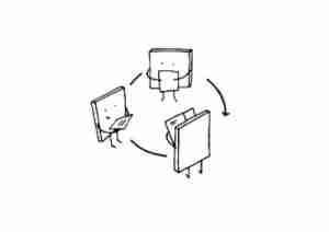 Cartoon of three documents passing documents to each other.